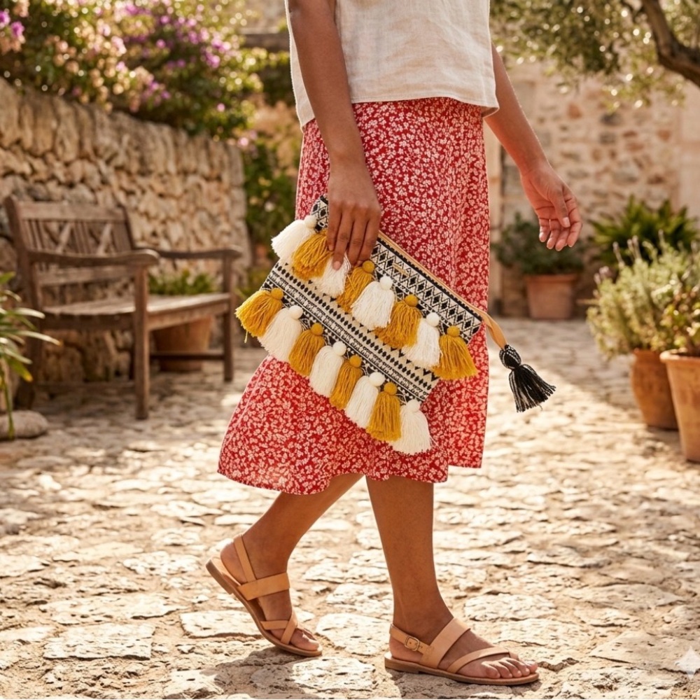 Charlie Paige Mustard Yellow and Cream Tassel Clutch